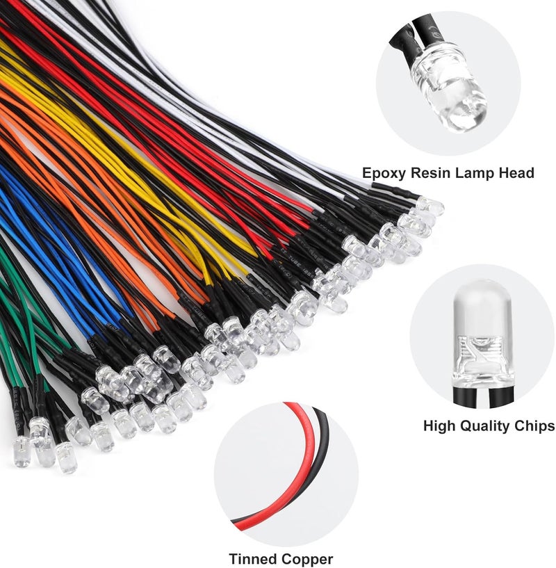 Linkstyle 60 قطعة 12 فولت 5 مم ثنائيات ضوء LED مسبقة التوصيل، مصابيح LED صغيرة، لمبات فردية صغيرة 12 فولت لنماذج السيارات والإلكترونيات، أبيض أحمر أصفر أخضر أزرق برتقالي، 10 قطع لكل لون - Image 3